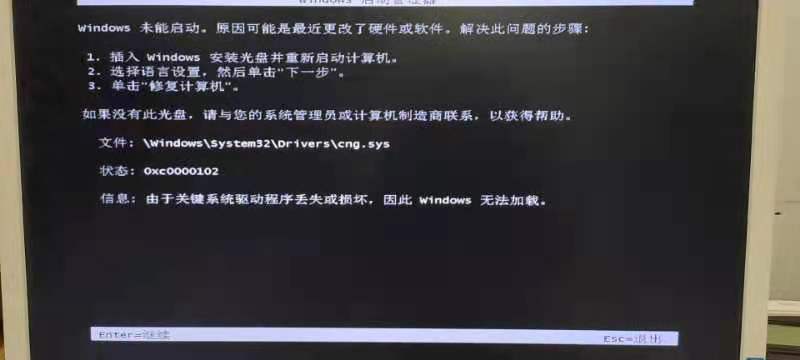 windows未能启动（win7电脑cng.sys损坏无法开机）
